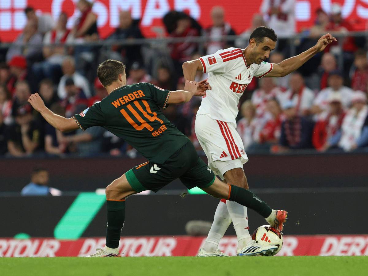 Youri Regeer (SV Werder Bremen) im Zweikampf am 12. September 2026 gegen Kölns Ellyes Skhiri.