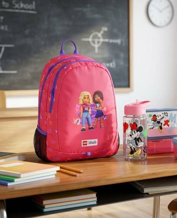 Lego Schulranzen, Minnie und Mickey Brotdose und Minecraft Windbreaker in einem Klassenzimmer in einer Schule.