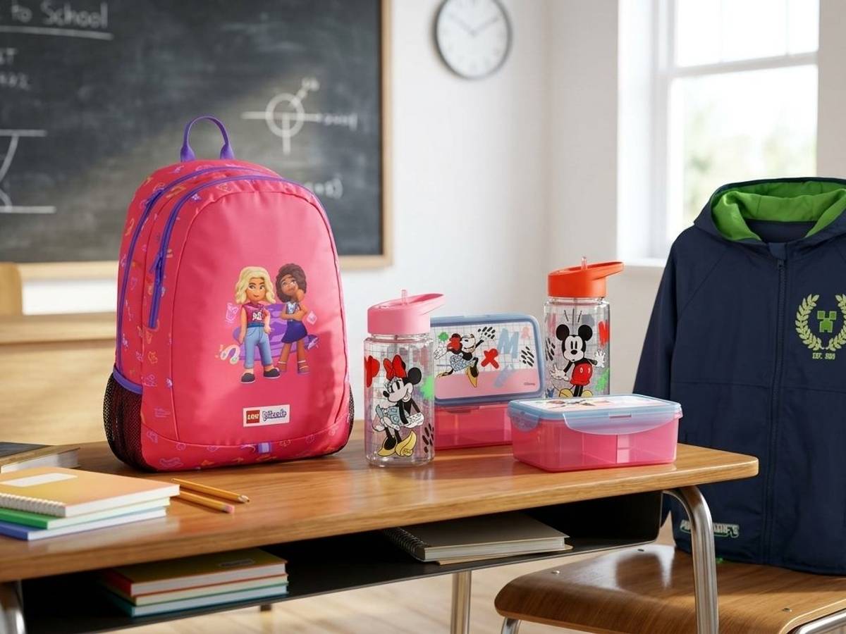 Lego Schulranzen, Minnie und Mickey Brotdose und Minecraft Windbreaker in einem Klassenzimmer in einer Schule.