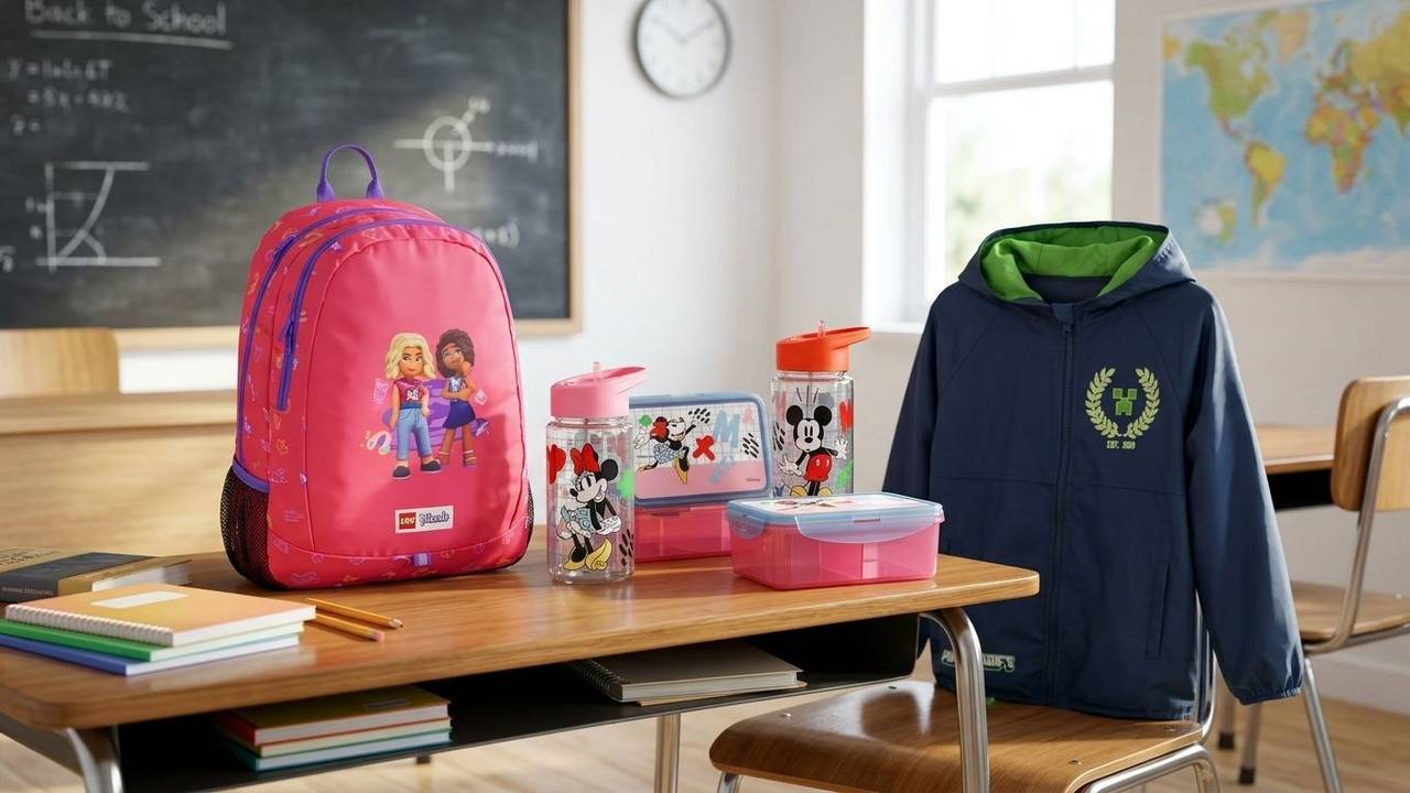 Lego Schulranzen, Minnie und Mickey Brotdose und Minecraft Windbreaker in einem Klassenzimmer in einer Schule.