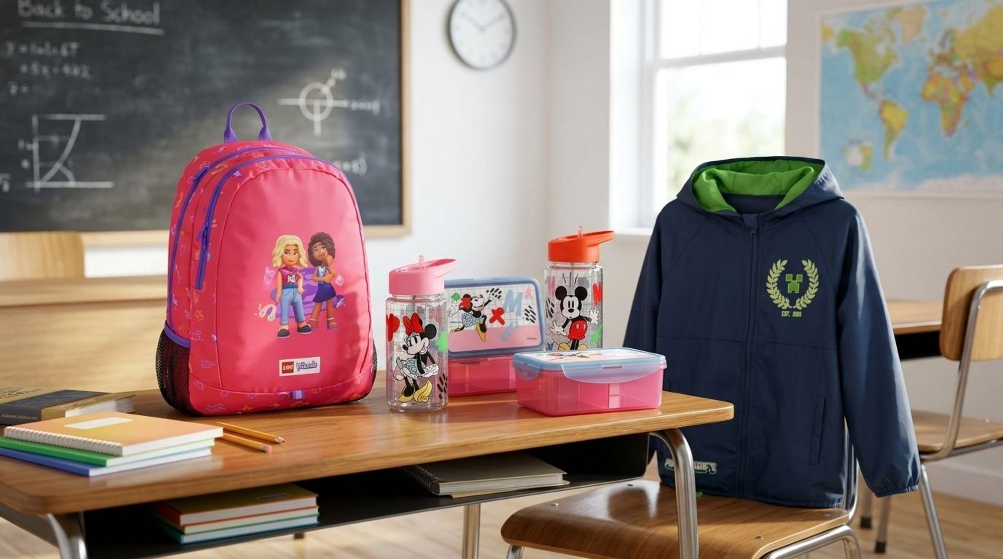 Lego Schulranzen, Minnie und Mickey Brotdose und Minecraft Windbreaker in einem Klassenzimmer in einer Schule.
