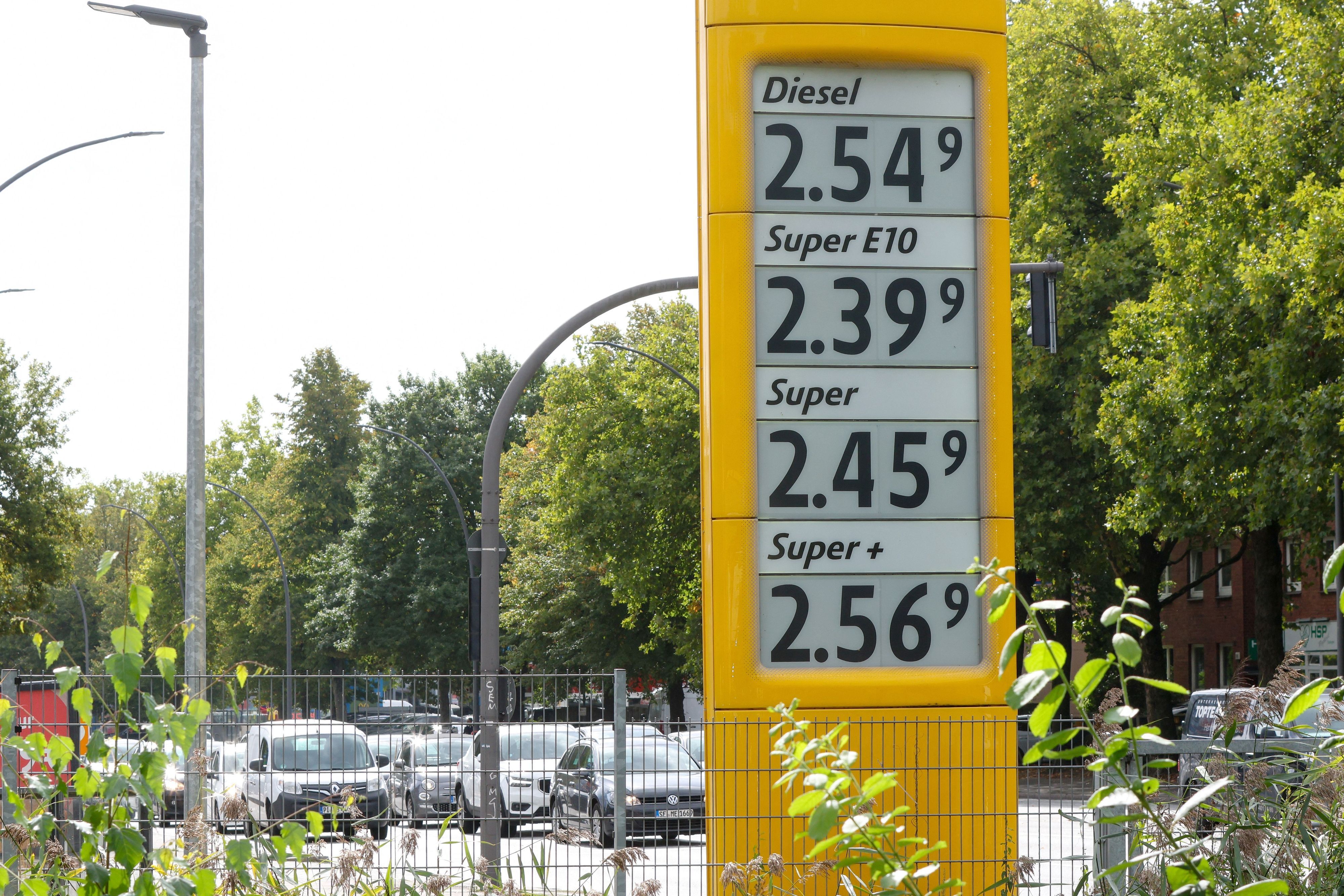 Auf einem Preisschild an einer Hamburger Tankstelle werden die aktuellen Preise für Kraftstoffe angezeigt. (Archivbild)