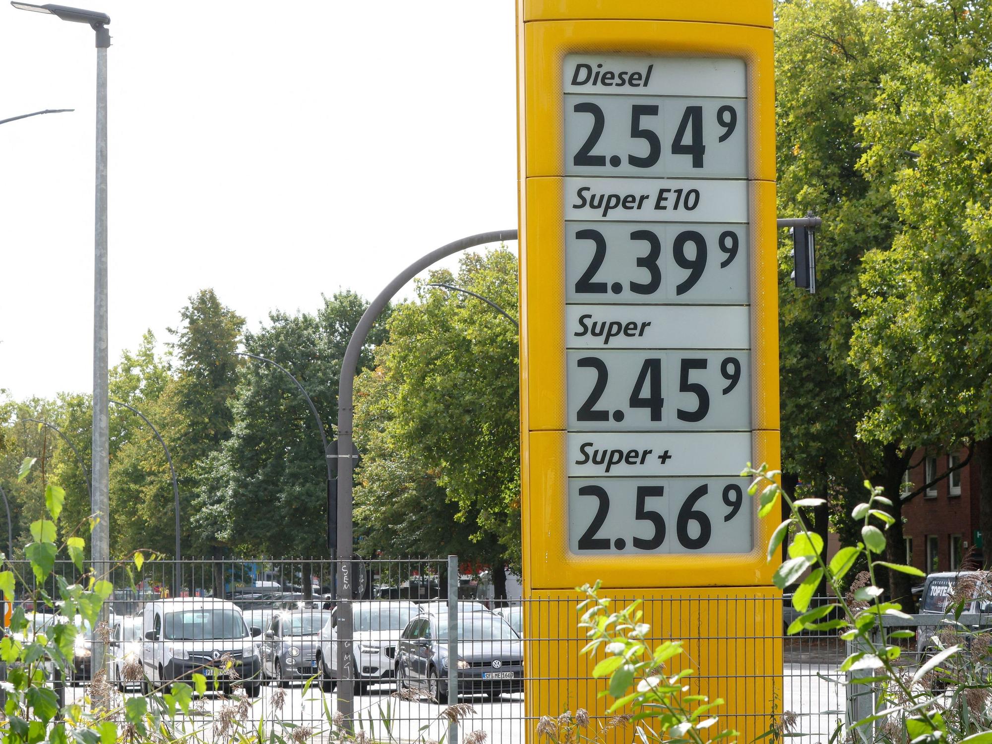 Auf einem Preisschild an einer Hamburger Tankstelle werden die aktuellen Preise für Kraftstoffe angezeigt. (Archivbild)