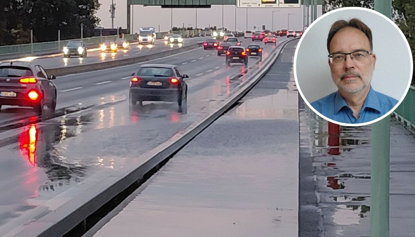Johannes Segerath beklagt sich über die Riesenpfütze auf der Kölner Zoobrücke.