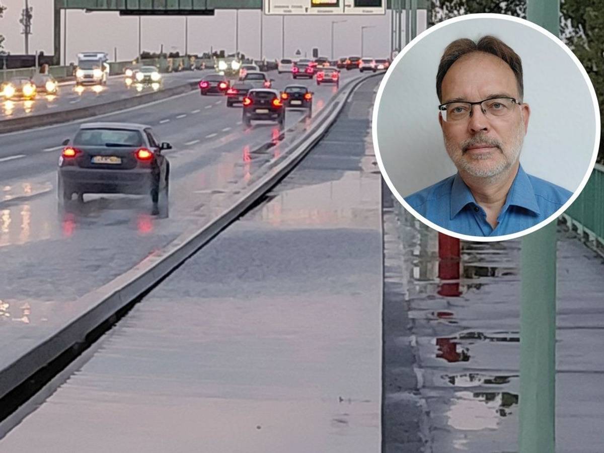 Johannes Segerath beklagt sich über die Riesenpfütze auf der Kölner Zoobrücke.