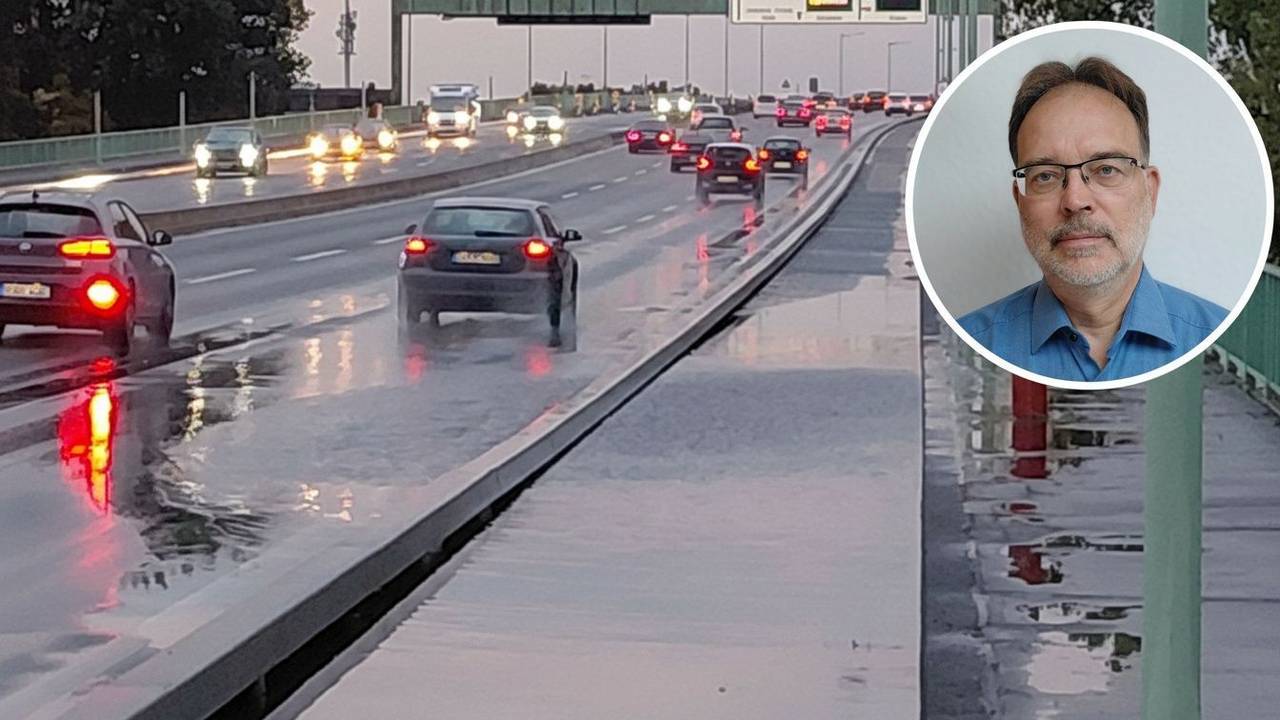 Johannes Segerath beklagt sich über die Riesenpfütze auf der Kölner Zoobrücke.
