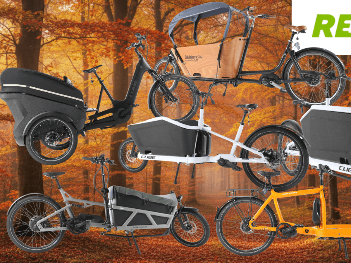 E-Lastenräder unterschiedlicher Marken (u. a. Cube, Babboe, Riese & Müller) vor dem Hintergrund einer Innenstadt, Fußgängerzone, mit blühenden Bäumen am Straßenrand, Rebike-Logo.