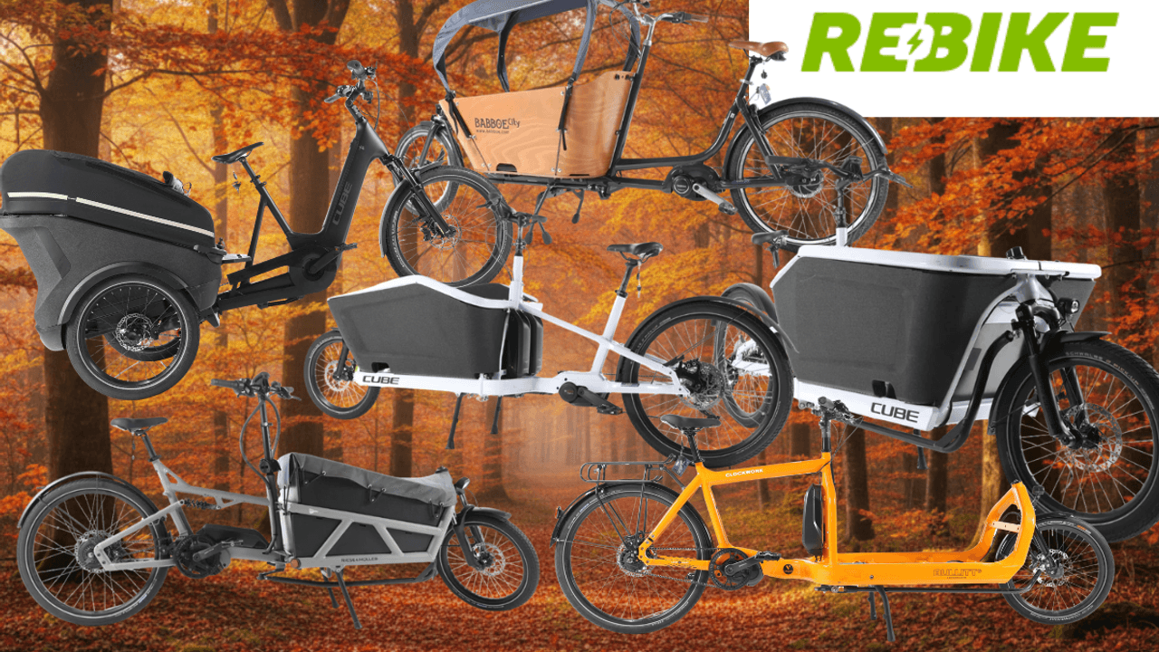 E-Lastenräder unterschiedlicher Marken (u. a. Cube, Babboe, Riese & Müller) vor dem Hintergrund einer Innenstadt, Fußgängerzone, mit blühenden Bäumen am Straßenrand, Rebike-Logo.