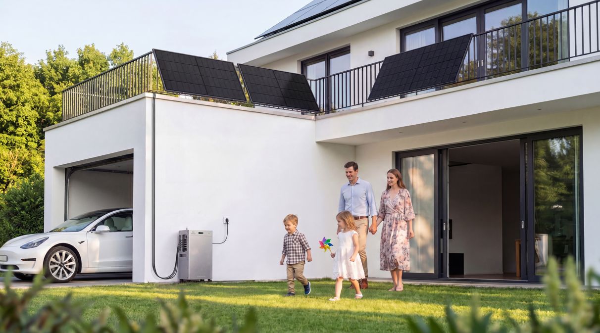 Eine vierköpfige Familie steht vor einem modernen Einfamilienhaus mit Photovoltaikmodulen auf dem Dach und an der Terrasse. Neben der Garage ist ein Heimspeicher installiert, der mit einem Elektroauto verbunden ist.