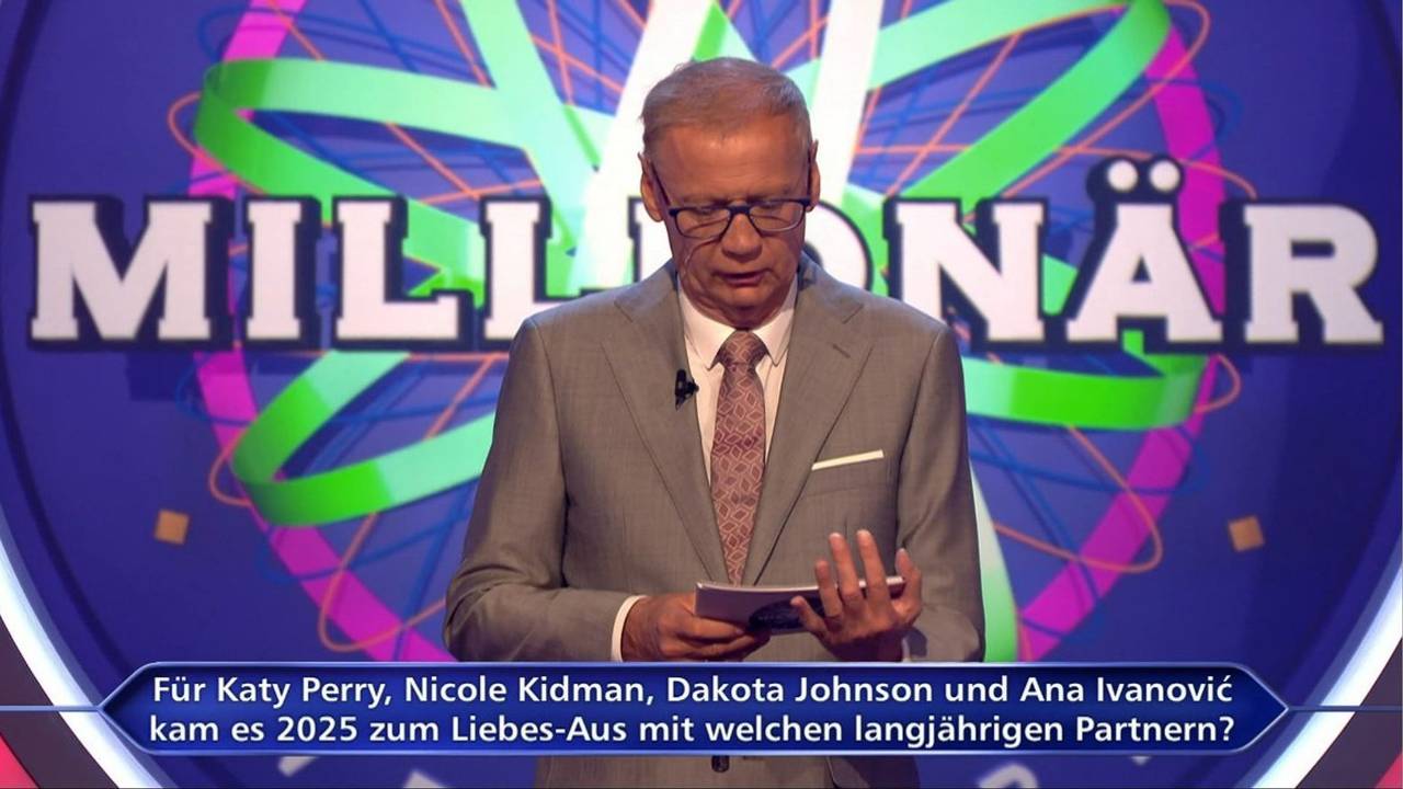 Keiner der letzten drei Kandidaten konnte die Auswahlfrage um die Ex-Partner von Katy Perry, Nicole Kidman, Dakota Johnson und Ana Ivanovic korrekt beantworten. (Bild: RTL)