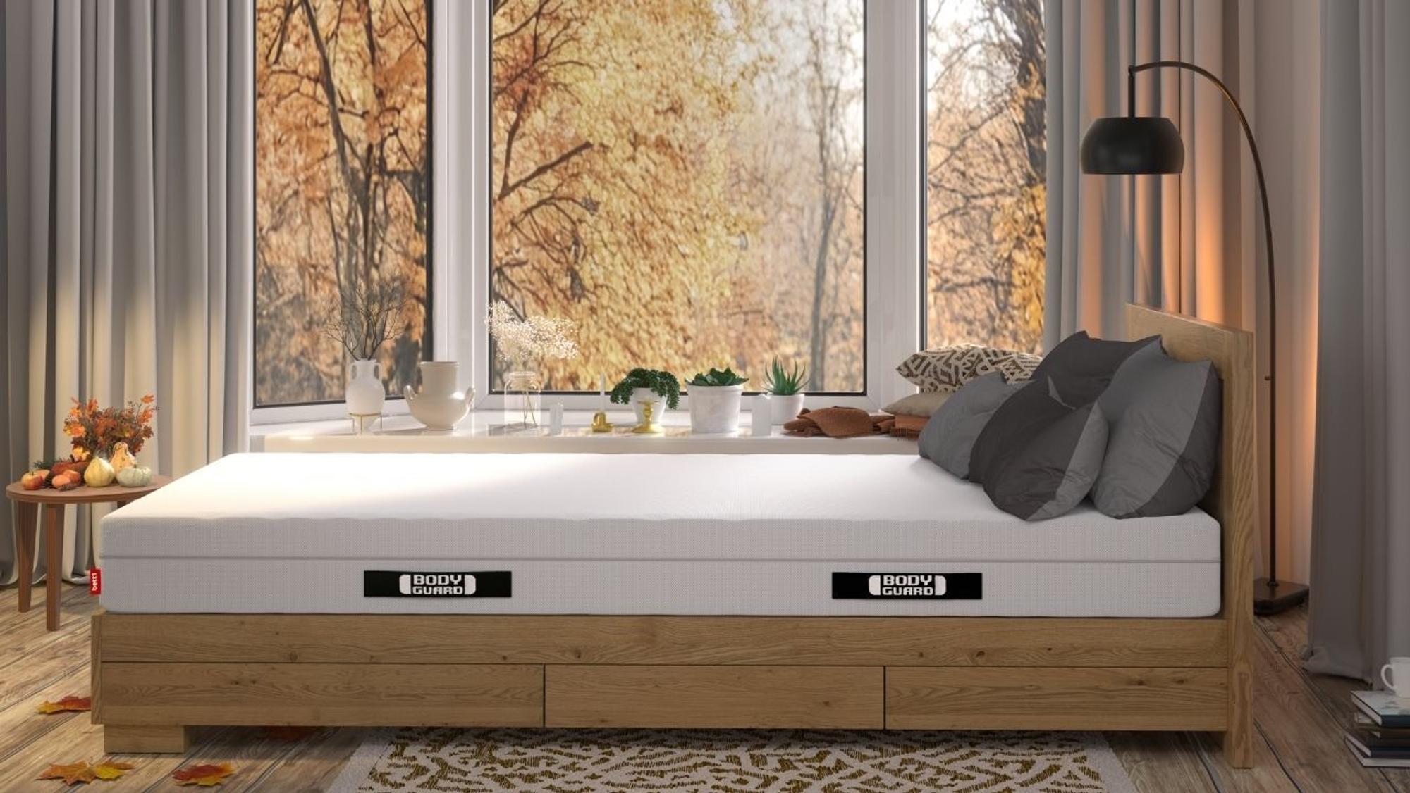 Die BODYGUARD® Anti-Kartell-Matratze® von bett1 vor einem Fenster, draußen herbstliche Stimmung.