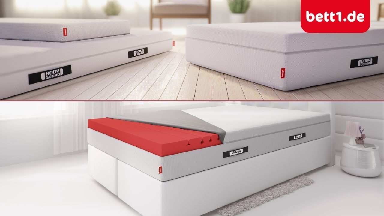 Mehrere BODYGUARD-Matratzen von bett1.de nebeneinander sowie eine Matratze auf einem Boxspringbett mit sichtbarem rotem Kaltschaum-Kern im Querschnitt, oben rechts das Logo von bett1.de