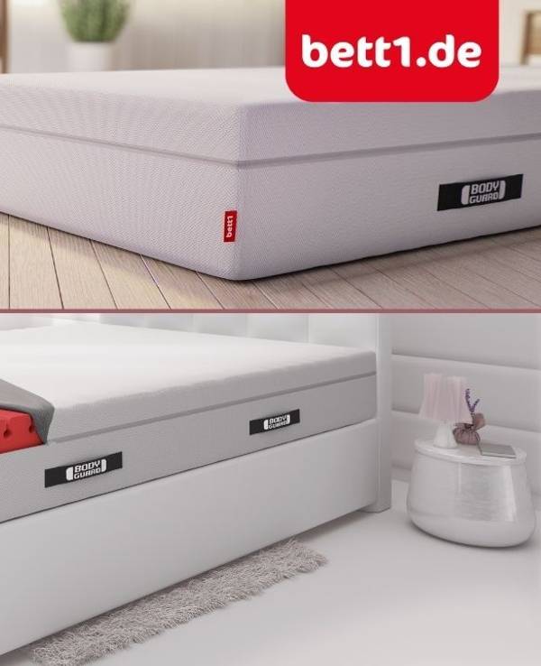 Mehrere BODYGUARD-Matratzen von bett1.de nebeneinander sowie eine Matratze auf einem Boxspringbett mit sichtbarem rotem Kaltschaum-Kern im Querschnitt, oben rechts das Logo von bett1.de