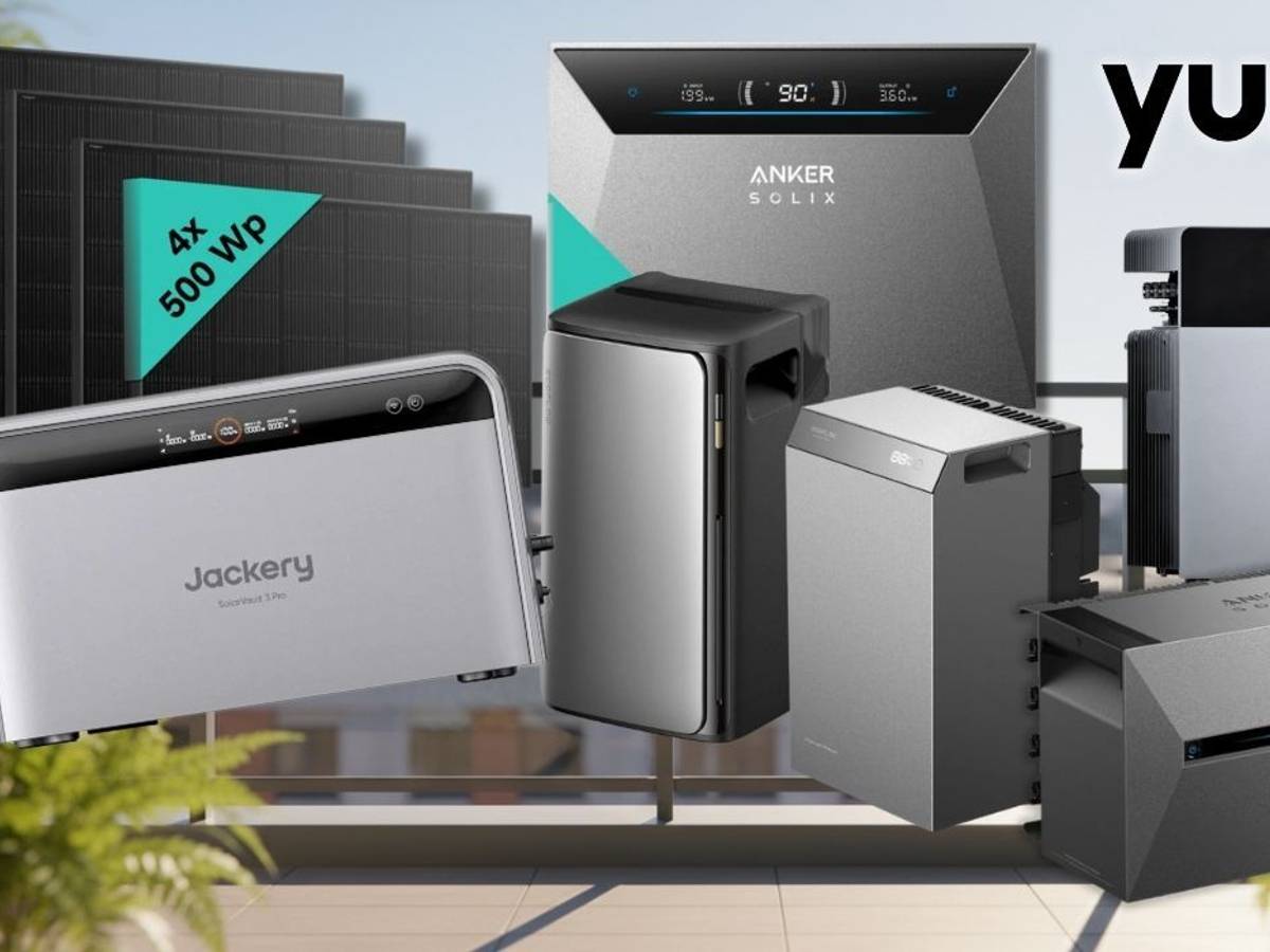 Grafische Produktcollage mit vier dunklen Solarmodulen und mehreren Batteriespeichern für Balkonkraftwerke. Zu sehen sind Speicher von Jackery, Anker SOLIX, EcoFlow und Hoymiles; oben rechts ist das Yuma-Logo platziert.