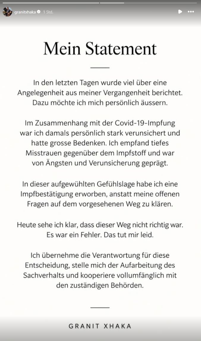 Dieses Statement postete Granit Xhaka am Montag (21. September 2026) in seiner Instagram-Story.