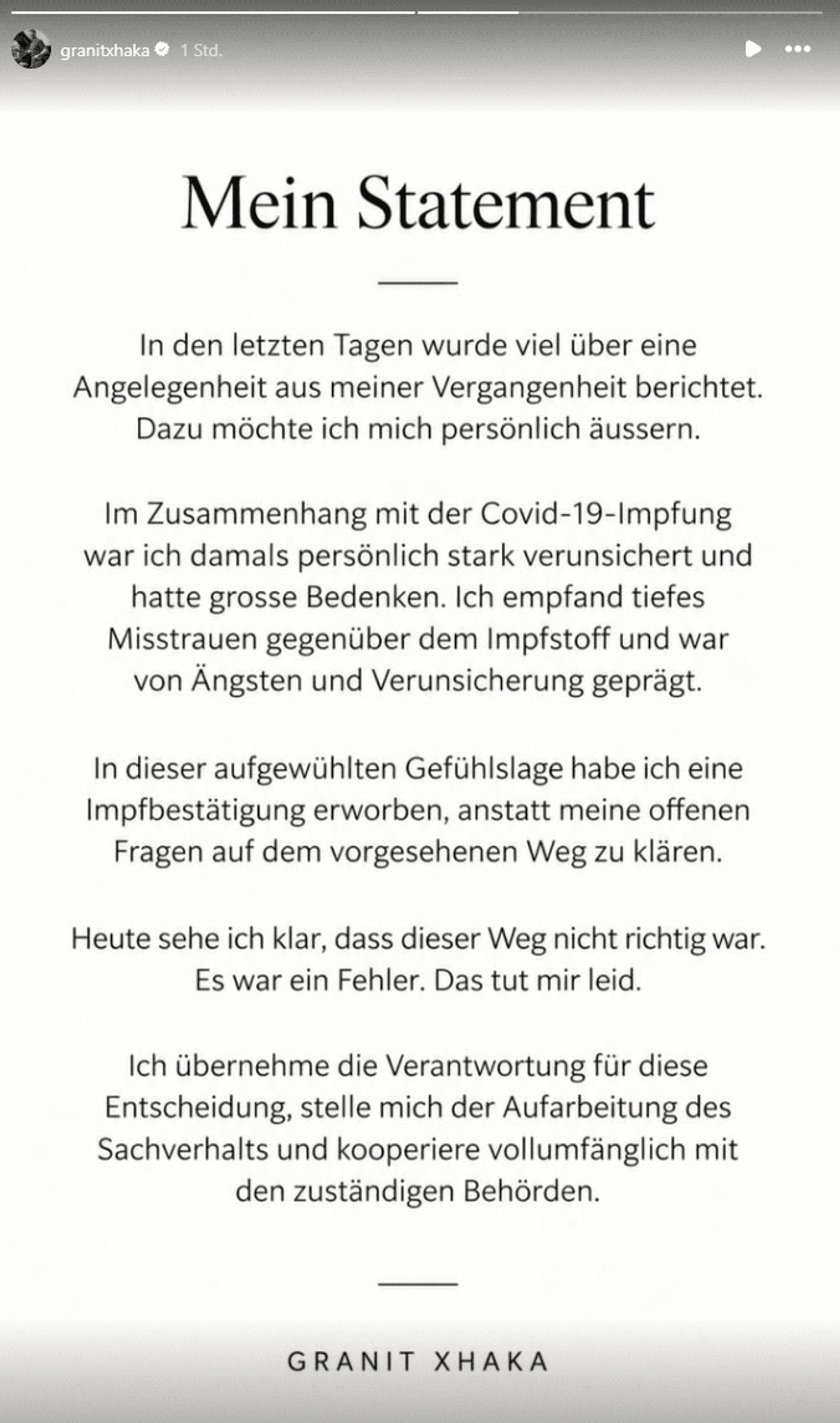Dieses Statement postete Granit Xhaka am Montag (21. September 2026) in seiner Instagram-Story.