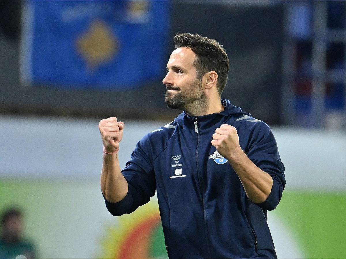 Paderborn-Trainer Ralf Kettemann jubelt nach dem Schlusspfiff und dem damit besiegelten 3:1‑Erfolg gegen die TSG Hoffenheim.