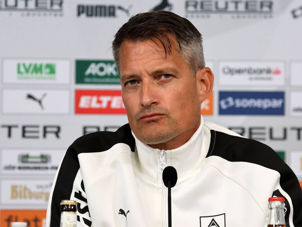 Gladbachs neuer Coach Alexander Blessin spricht auf einer Pressekonferenz vor der Länderspielpause.
