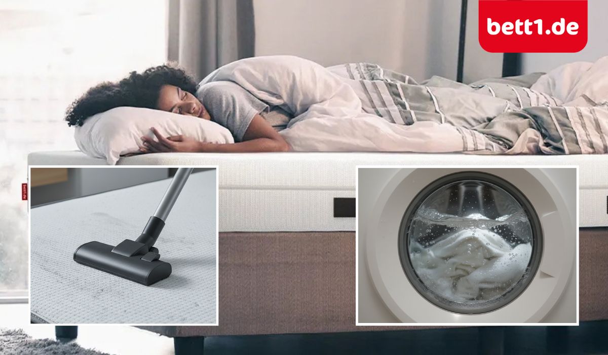 Kompositbild mit einem Bett auf einer BODYGUARD-Matratze sowie Detailaufnahmen einer Waschmaschine mit schäumender Bettwäsche und einer Staubsaugerdüse auf der Matratzenoberfläche.