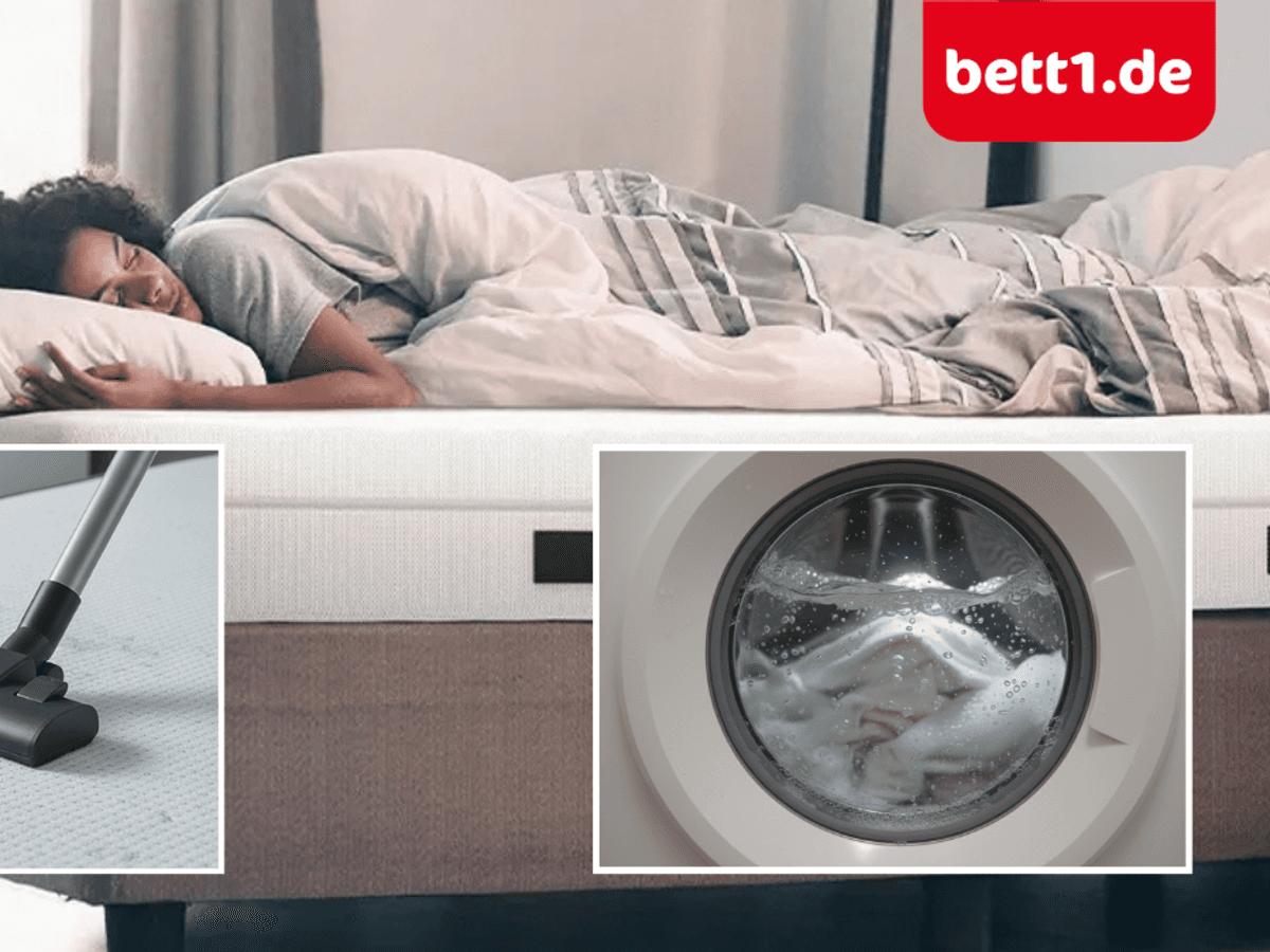 Kompositbild mit einem Bett auf einer BODYGUARD-Matratze sowie Detailaufnahmen einer Waschmaschine mit schäumender Bettwäsche und einer Staubsaugerdüse auf der Matratzenoberfläche.
