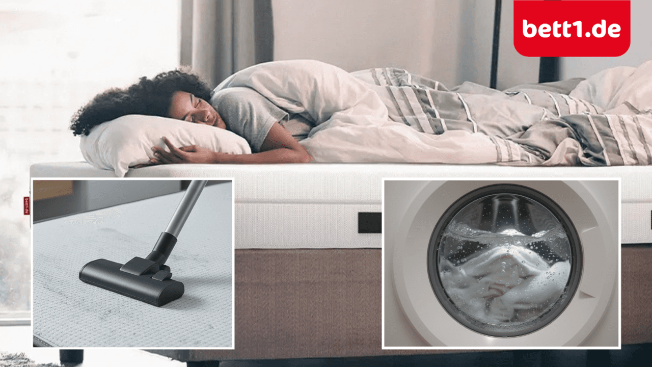 Kompositbild mit einem Bett auf einer BODYGUARD-Matratze sowie Detailaufnahmen einer Waschmaschine mit schäumender Bettwäsche und einer Staubsaugerdüse auf der Matratzenoberfläche.
