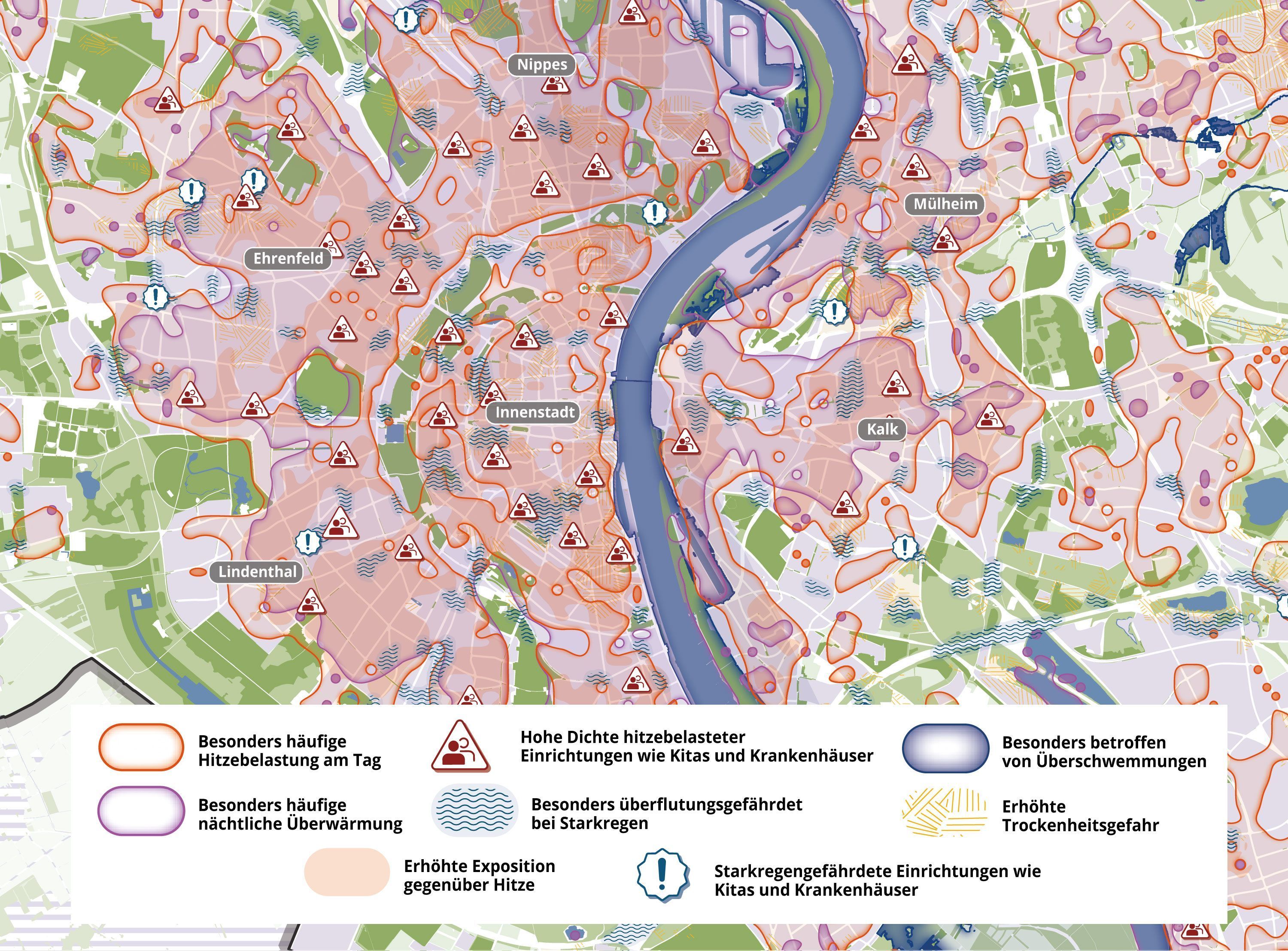 Eine Stadtkarte von Köln zeigt die Hitze-Hotspots.