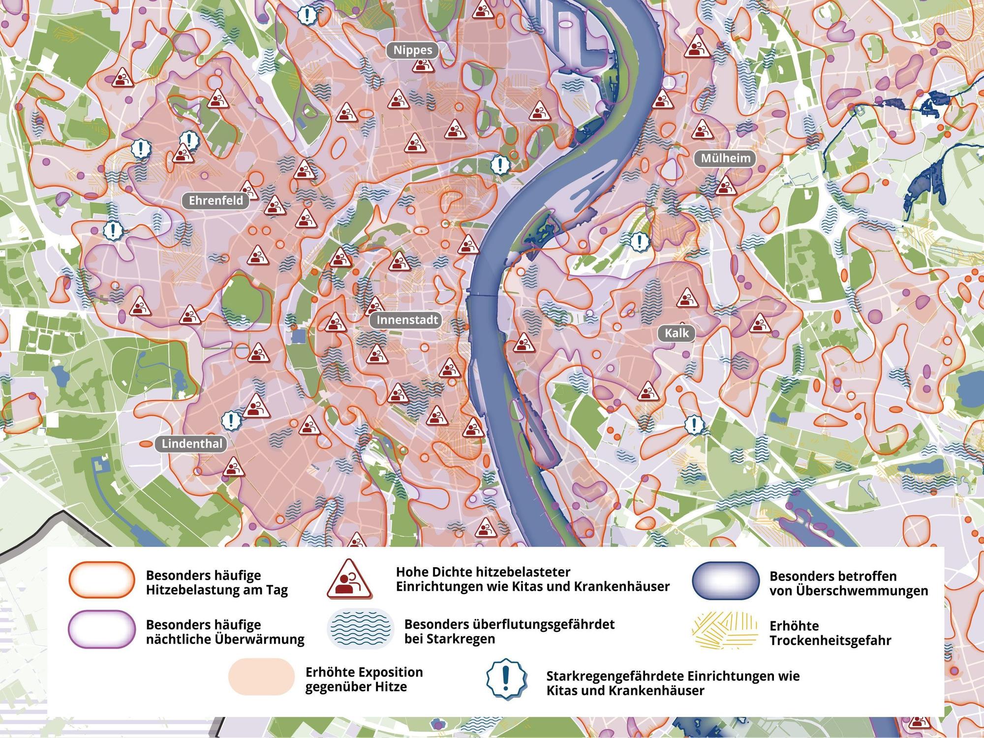 Eine Stadtkarte von Köln zeigt die Hitze-Hotspots.