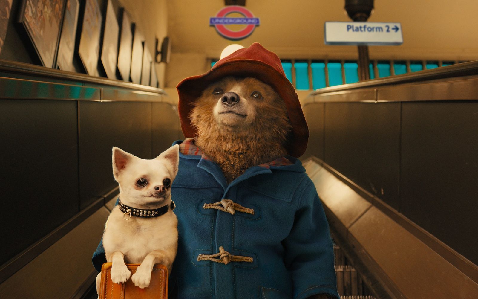 Das Schild „Auf der Rolltreppe müssen Hunde getragen werden“ nimmt der Großstadtneuling Paddington sehr genau ...  (Bild: RTL / P&Co. Ltd.SC 2014. Licensed on behalf of Studiocanal S.A. by Copyrights Group)