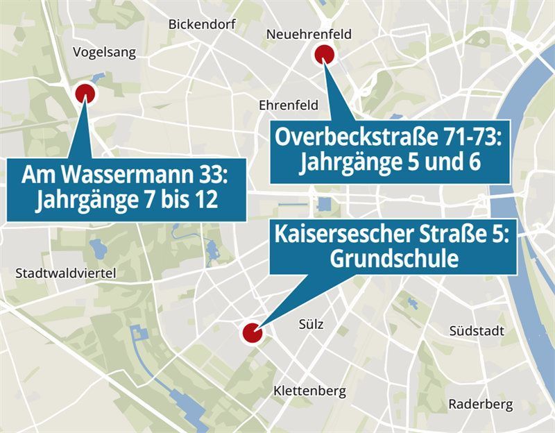 Auf einer Stadtkarte werden drei Standorte angezeigt.