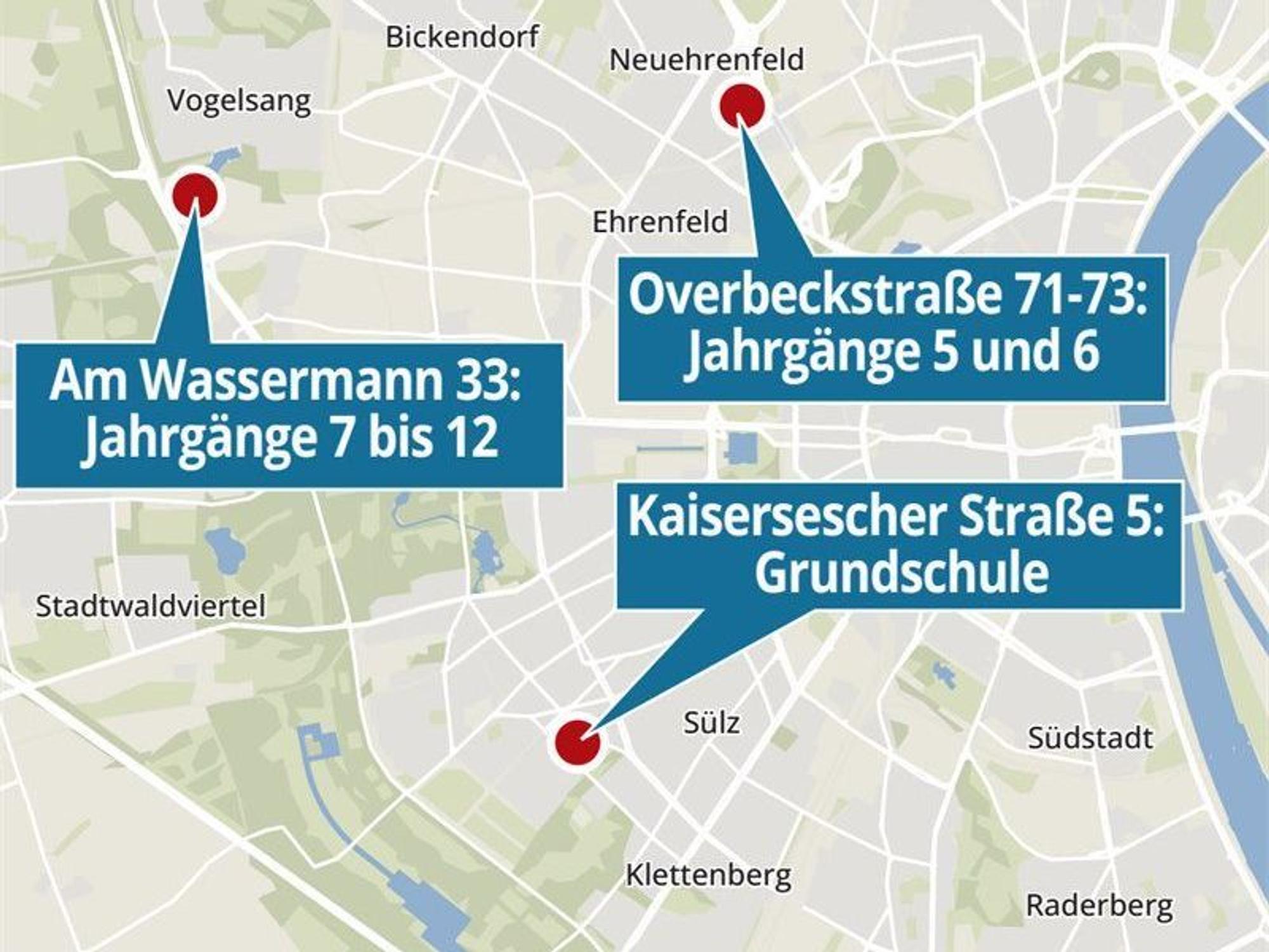 Auf einer Stadtkarte werden drei Standorte angezeigt.