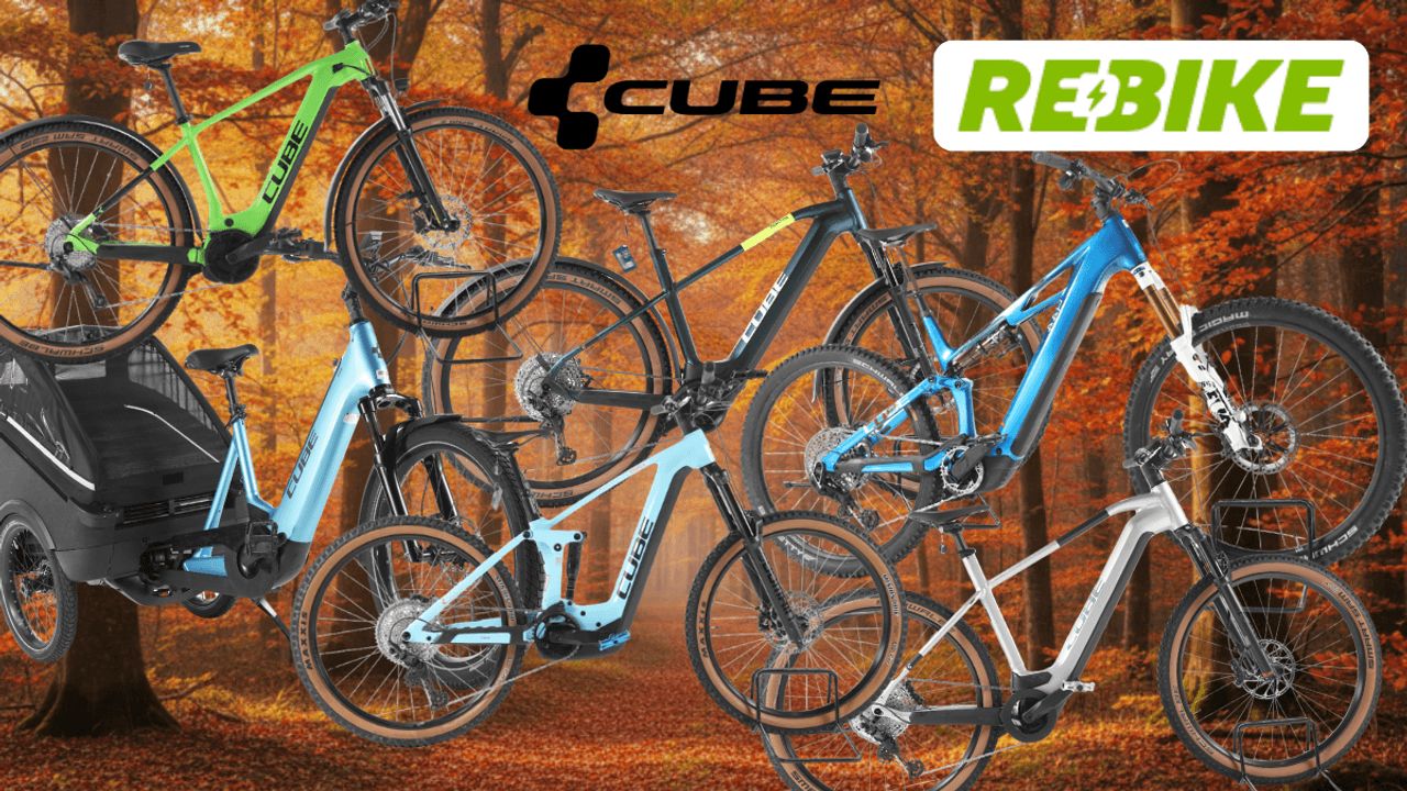 Cube E-Bikes, City Bikes, Mountainbikes, Lastenrad vor einer Landstraße im Grünen mit Bäumen, Wald und Wiesen im Hintergrund und blauem Himmel.
