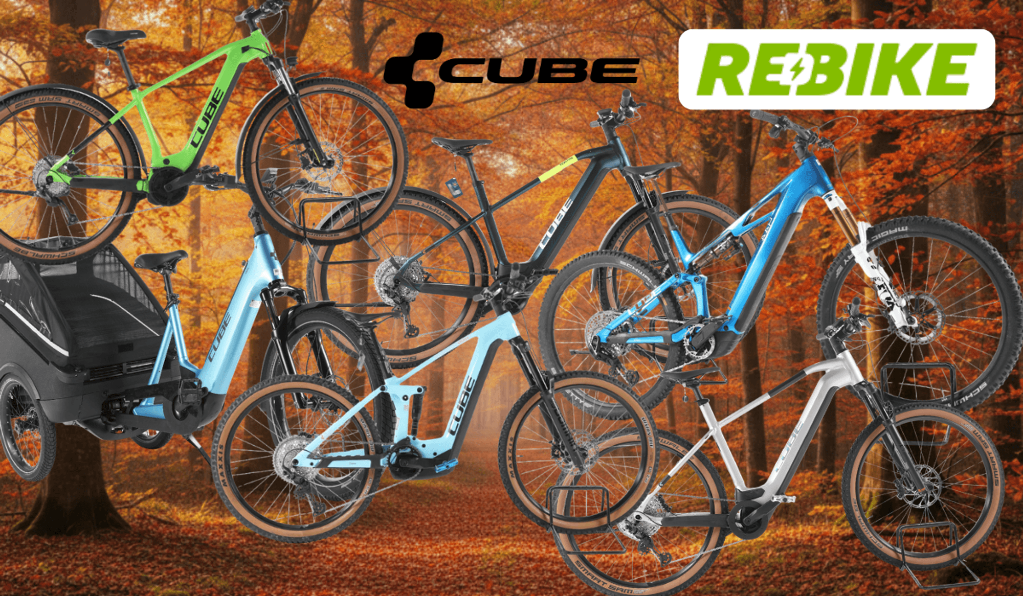 Cube E-Bikes, City Bikes, Mountainbikes, Lastenrad vor einer Landstraße im Grünen mit Bäumen, Wald und Wiesen im Hintergrund und blauem Himmel.
