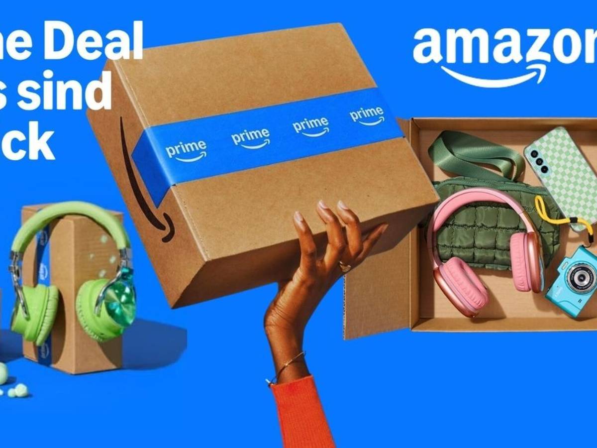 Prime Deal Days Ankündigung 6. und 7. Oktober mit Design von Amazon Paketen und Produkten auf blauem Hintergrund.