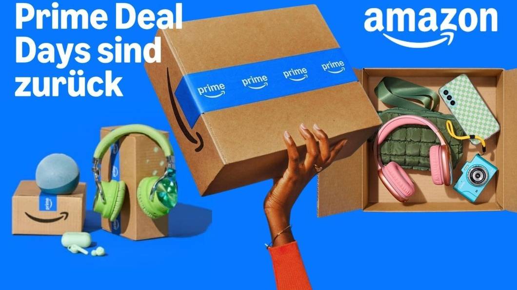 Prime Deal Days Ankündigung 6. und 7. Oktober mit Design von Amazon Paketen und Produkten auf blauem Hintergrund.