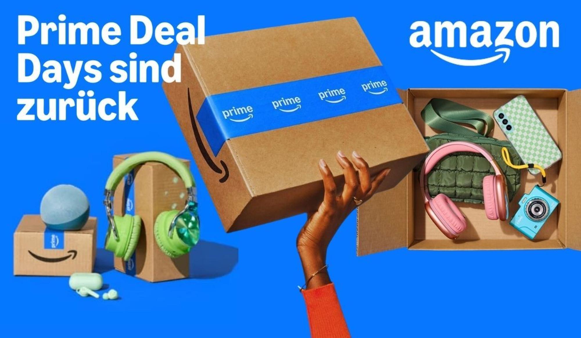 Prime Deal Days Ankündigung 6. und 7. Oktober mit Design von Amazon Paketen und Produkten auf blauem Hintergrund.