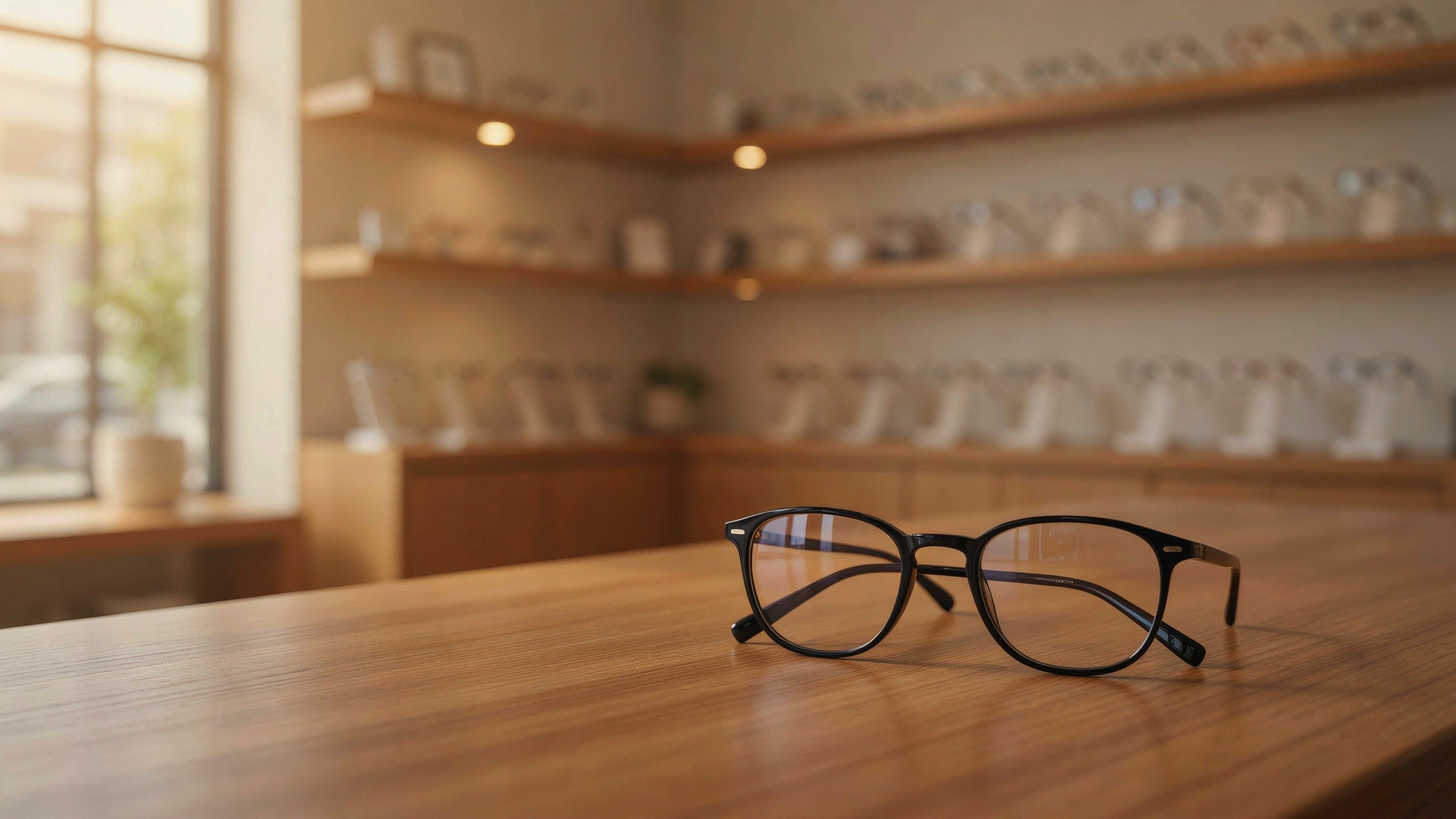 Brille mit dunkler Fassung auf einem Tisch in einem warm beleuchteten Optikergeschäft mit Brillenregalen im Hintergrund