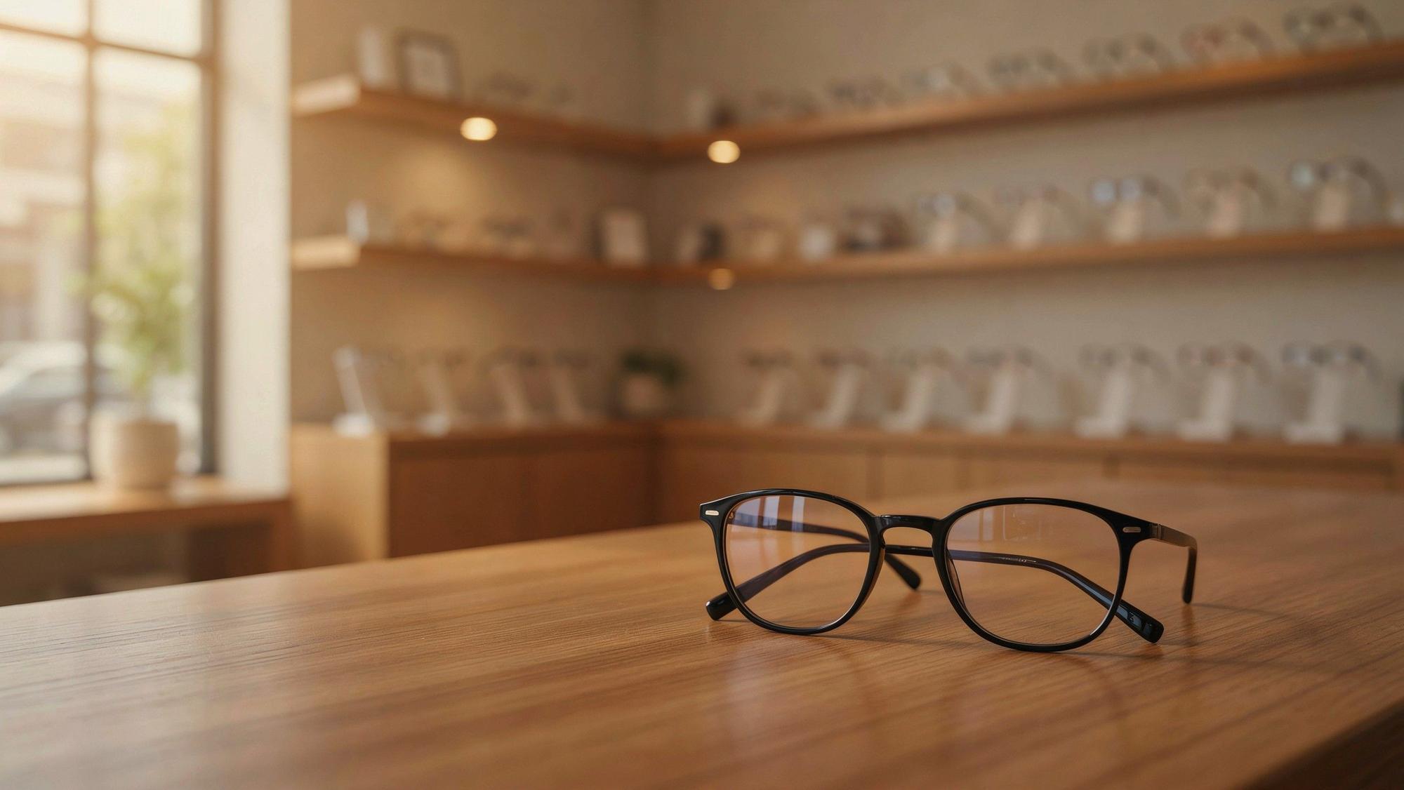 Brille mit dunkler Fassung auf einem Tisch in einem warm beleuchteten Optikergeschäft mit Brillenregalen im Hintergrund