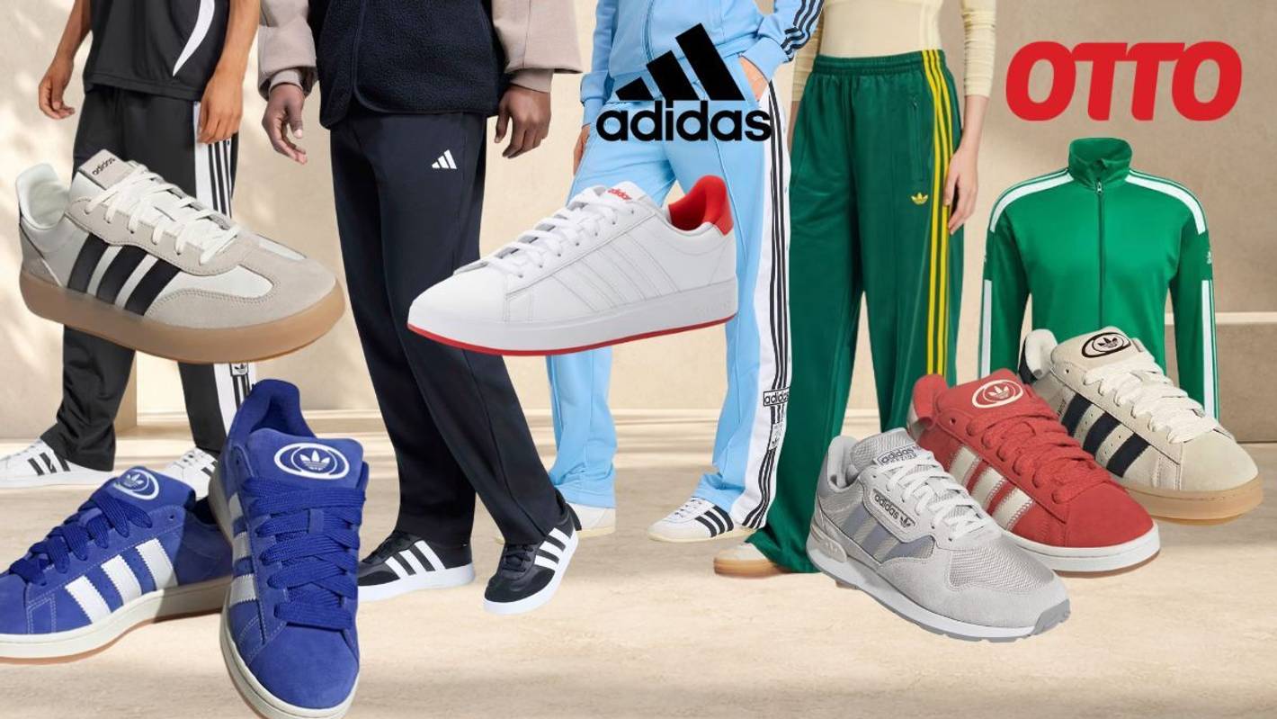 adidas Sneaker, Sportmode, Trainingshosen, Trainingsjacken vor einem hellen, steinartigen Hintergrund.