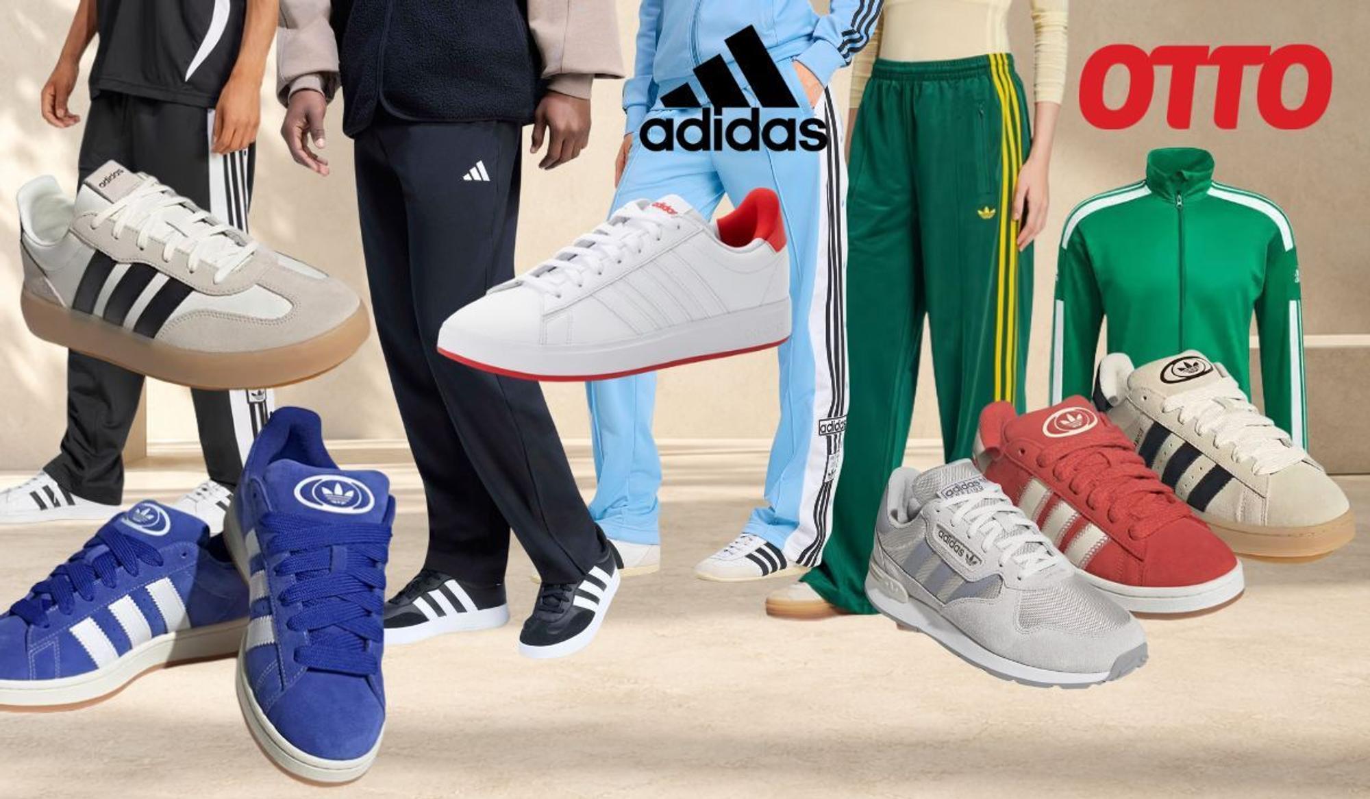 adidas Sneaker, Sportmode, Trainingshosen, Trainingsjacken vor einem hellen, steinartigen Hintergrund.