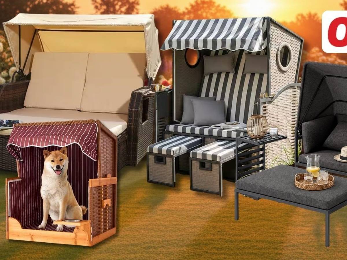 3 Strandkörbe und ein Hundestrandkorb vor einem Gartenhintergrund im Sonnenuntergang.