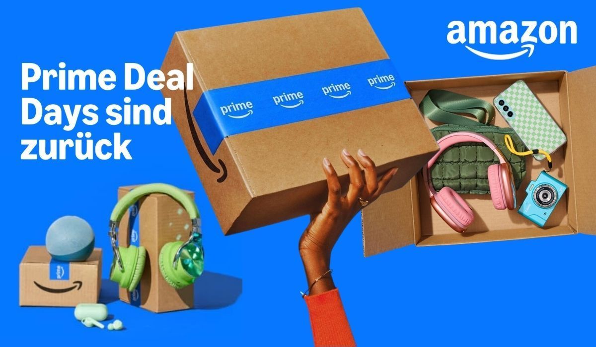 Prime Deal Days Ankündigung 6. und 7. Oktober 2026 mit Design von Amazon. Paketen und Produkten auf blauem Hintergrund.