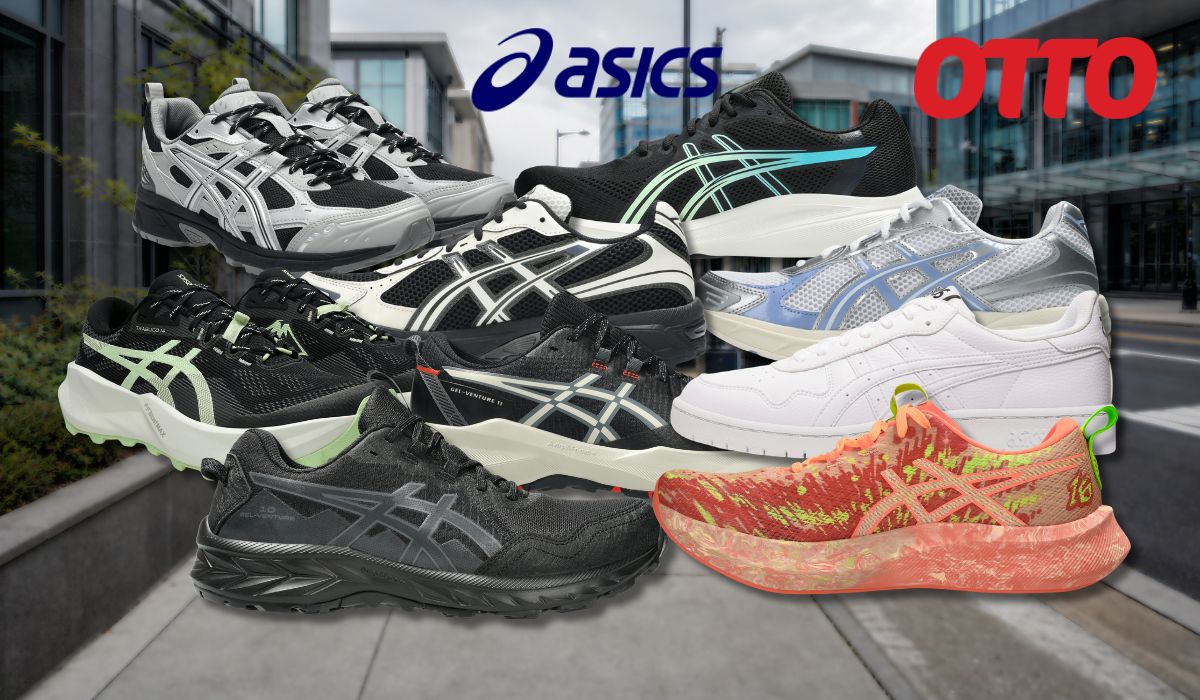 Verschiedene Asics-Sneaker und Laufschuhe vor blauem Hintergrund mit Asics- und OTTO-Logo.