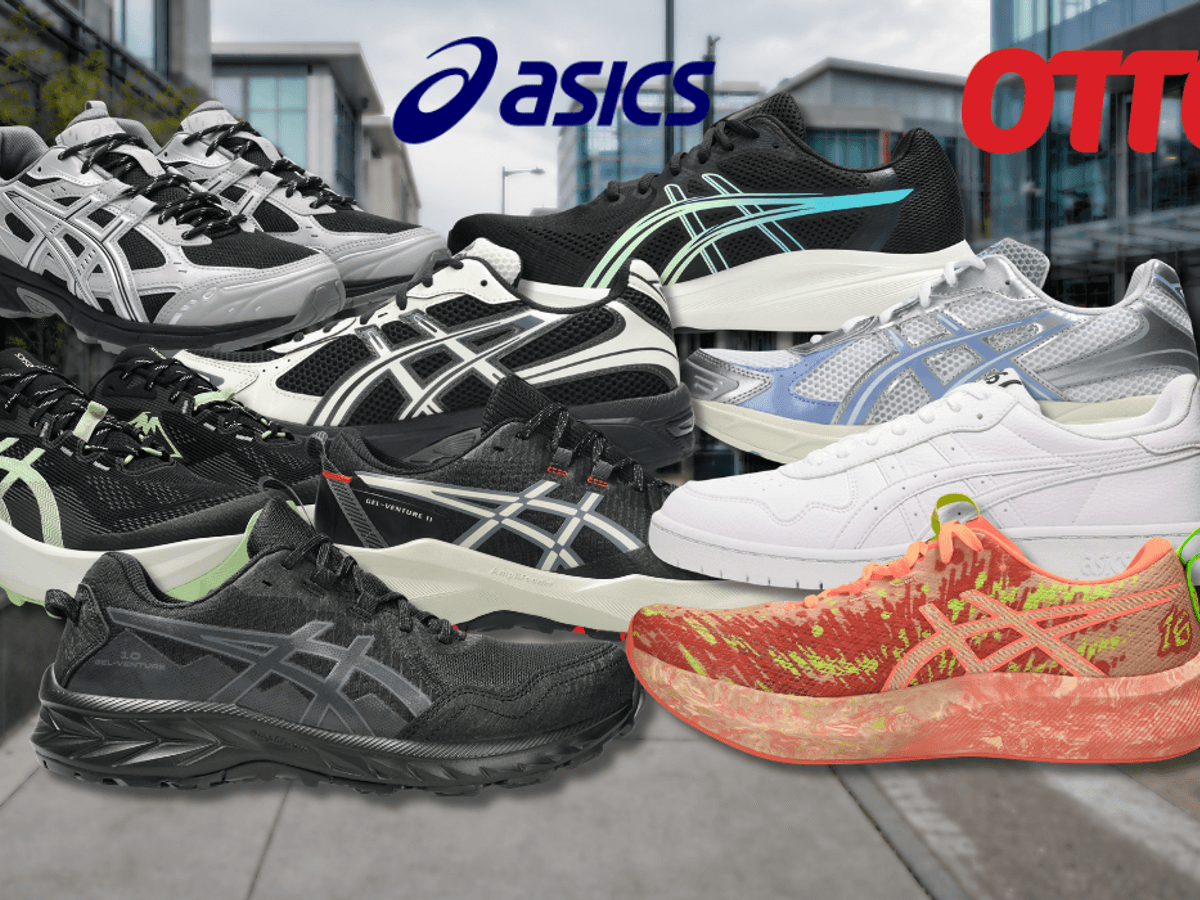 Verschiedene Asics-Sneaker und Laufschuhe vor blauem Hintergrund mit Asics- und OTTO-Logo.