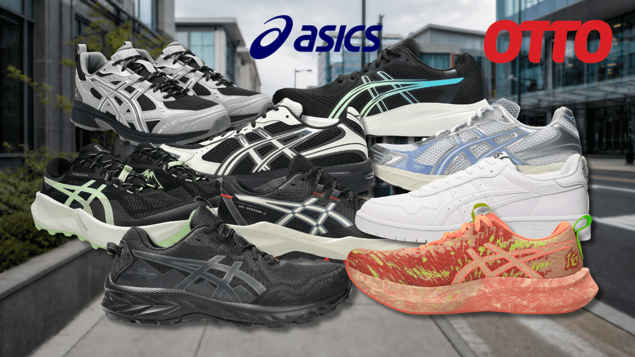 Verschiedene Asics-Sneaker und Laufschuhe vor blauem Hintergrund mit Asics- und OTTO-Logo.