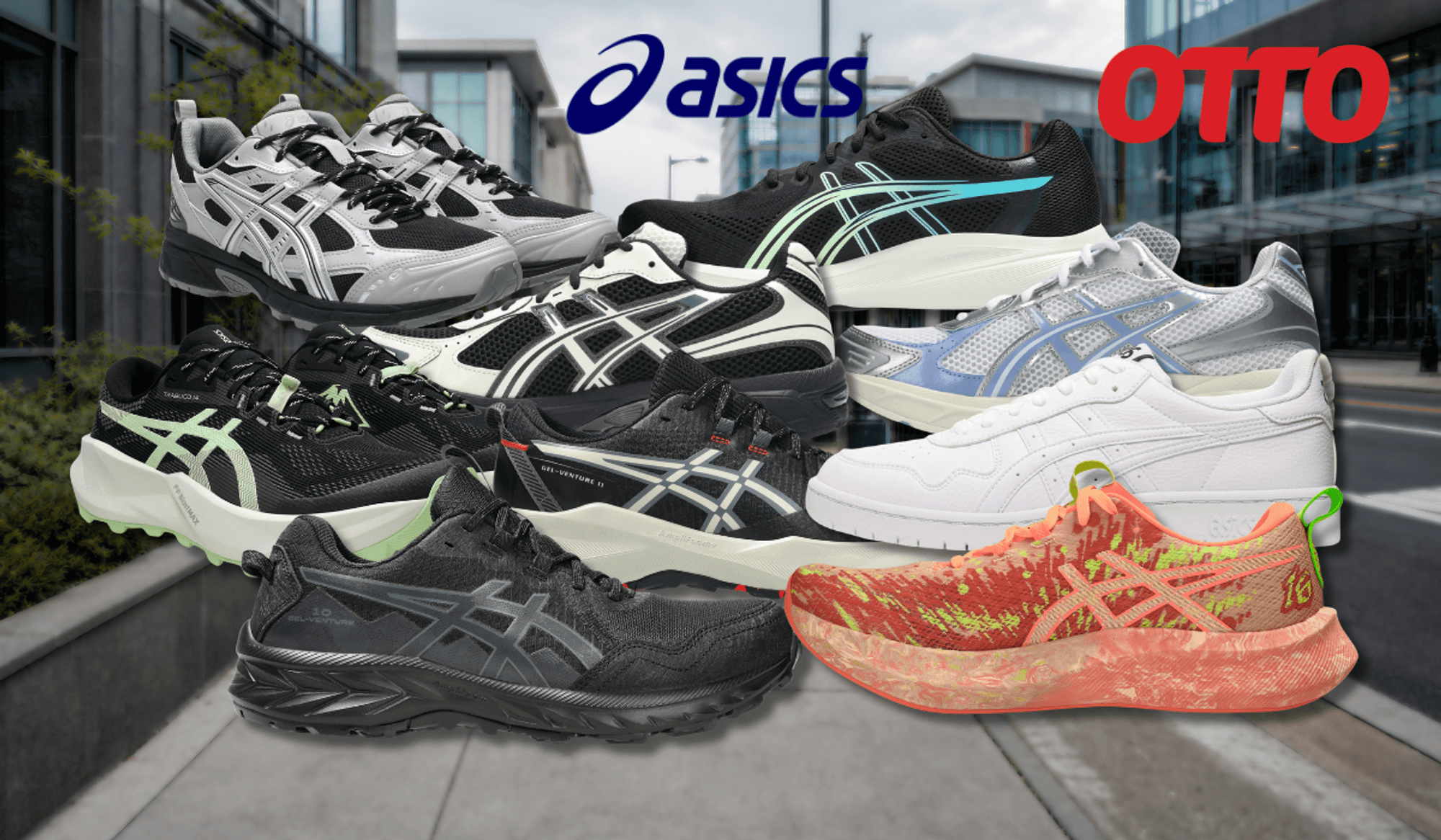 Verschiedene Asics-Sneaker und Laufschuhe vor blauem Hintergrund mit Asics- und OTTO-Logo.