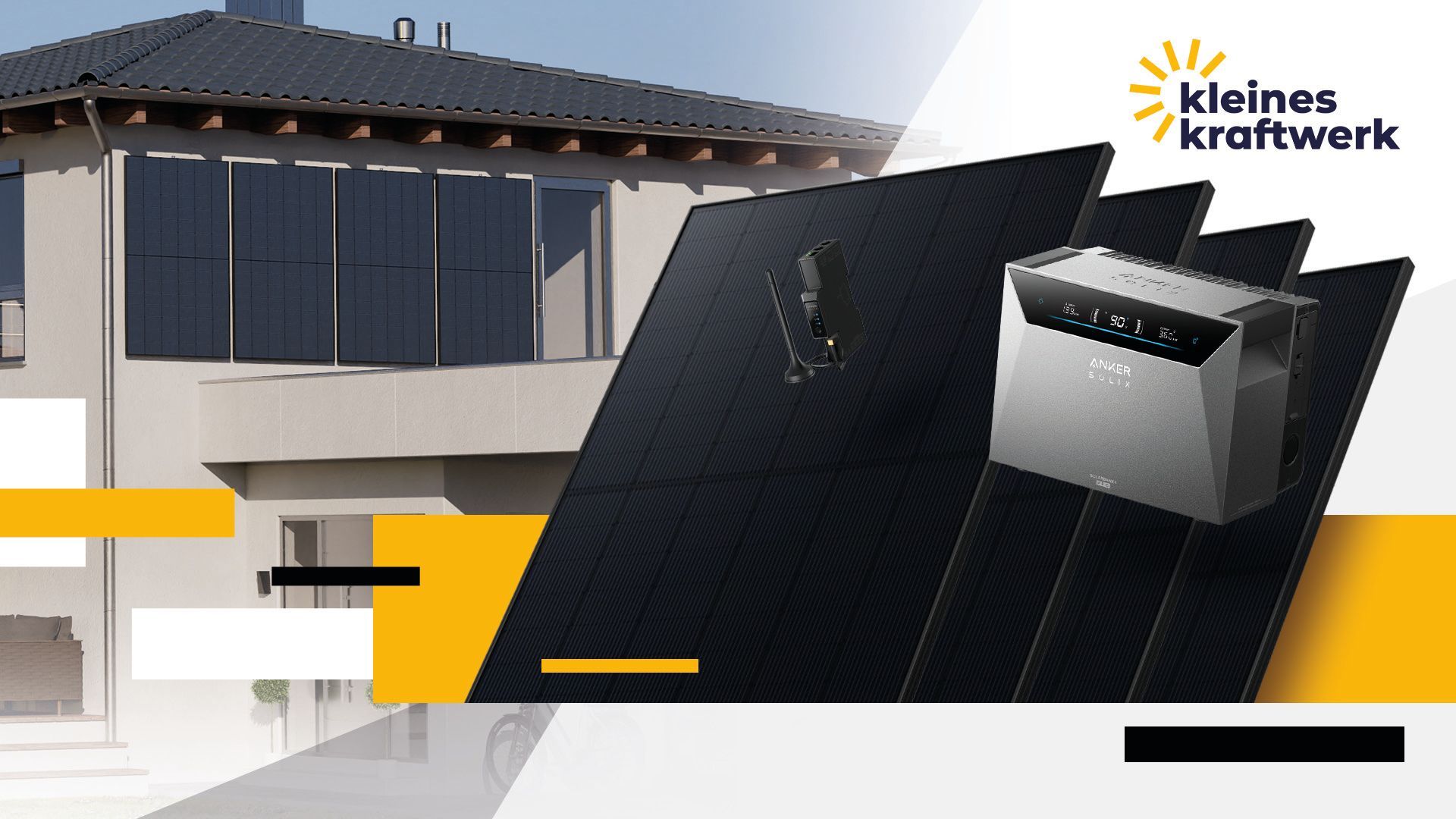 Kleines Kraftwerk Quattro XL Balkonkraftwerk-Set mit Anker SOLIX Solarbank 4 Pro, schwarzen Solarmodulen vor einem Balkon an einem Einfamilienhaus im Hintergrund.