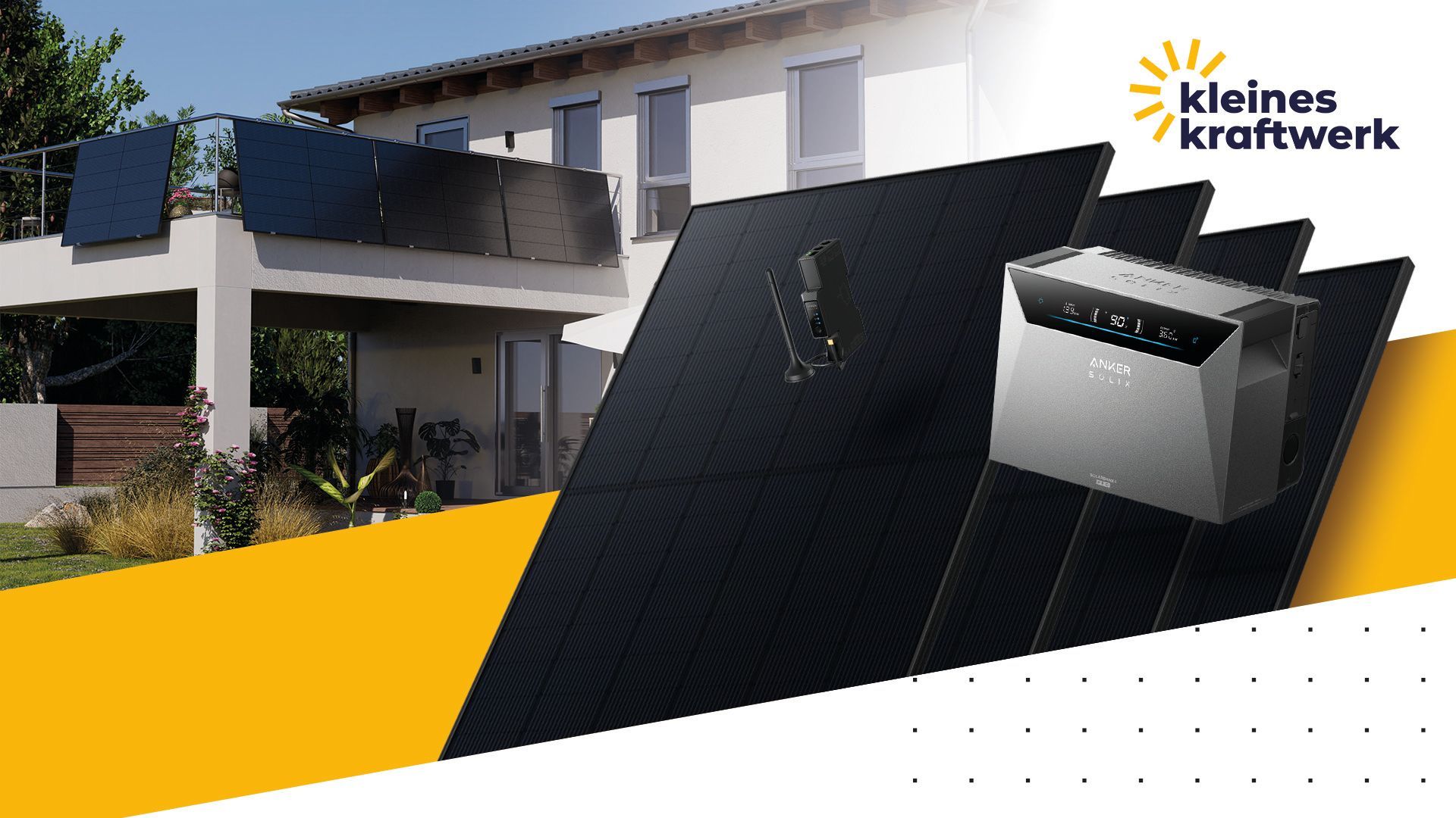 Kleines Kraftwerk Balkonkraftwerk-Set mit Anker SOLIX Solarbank 4 Pro Speicher und Solarmodulen vor Hintergrund eines Einfamilienhauses mit großem Balkon.