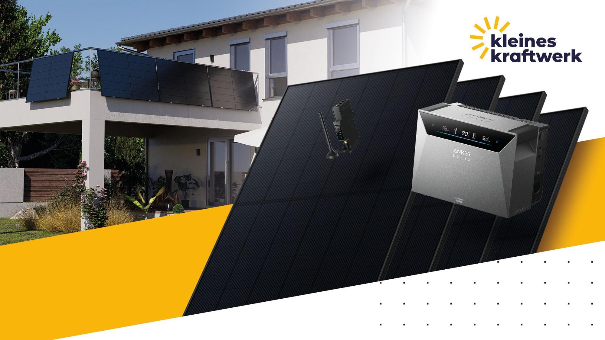 Kleines Kraftwerk Balkonkraftwerk-Set mit Anker SOLIX Solarbank 4 Pro Speicher und Solarmodulen vor Hintergrund eines Einfamilienhauses mit großem Balkon.