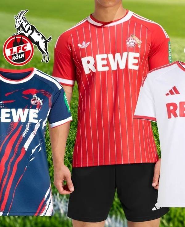 Collage der drei neuen adidas-Trikots des 1. FC Köln 2026/27 auf einem Rasenhintergrund: ein dunkelblaues Ausweichtrikot mit rot-weißem Pinselstrich-Muster, ein rotes Auswärtstrikot mit weißen Nadelstreifen und ein weißes Heimtrikot mit roten Akzenten, dazu das Vereinswappen des 1. FC Köln und das adidas-Logo.