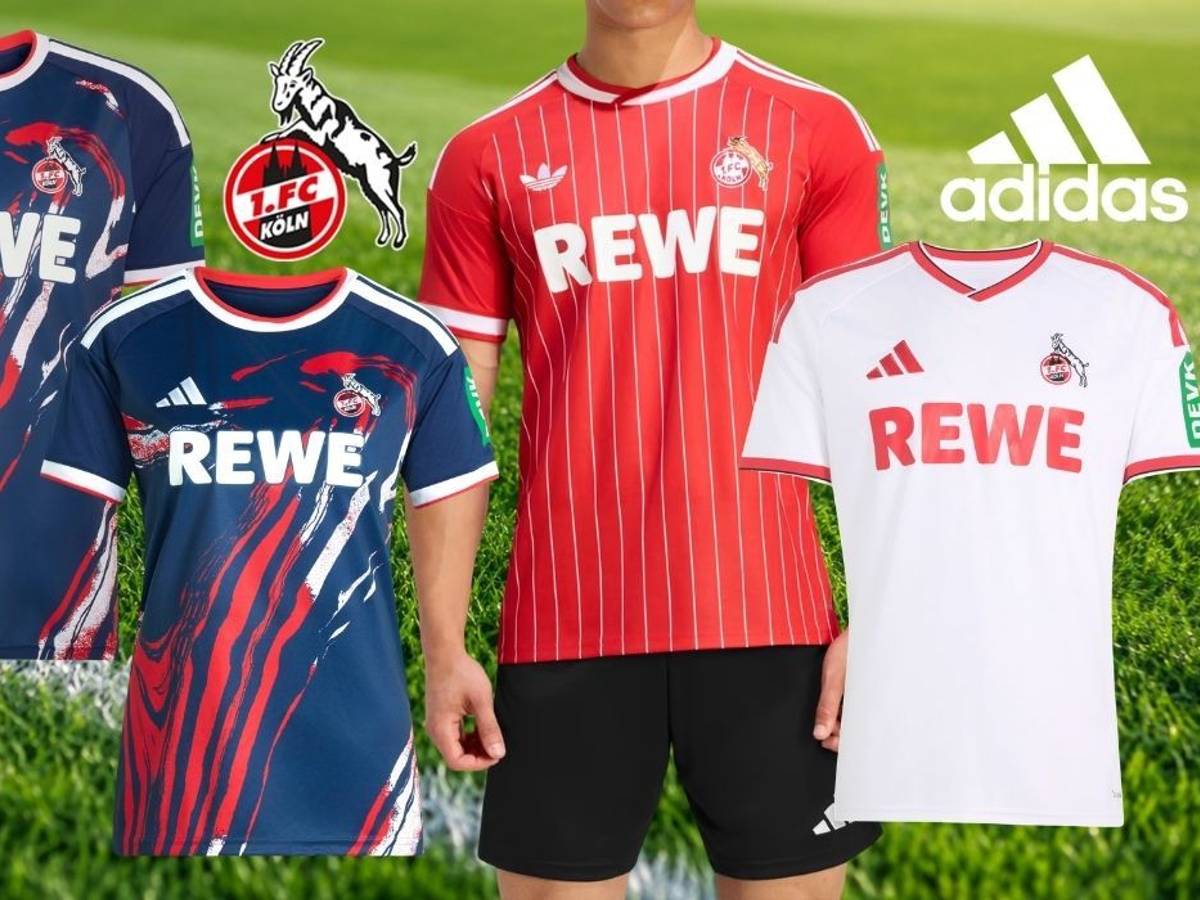 Collage der drei neuen adidas-Trikots des 1. FC Köln 2026/27 auf einem Rasenhintergrund: ein dunkelblaues Ausweichtrikot mit rot-weißem Pinselstrich-Muster, ein rotes Auswärtstrikot mit weißen Nadelstreifen und ein weißes Heimtrikot mit roten Akzenten, dazu das Vereinswappen des 1. FC Köln und das adidas-Logo.